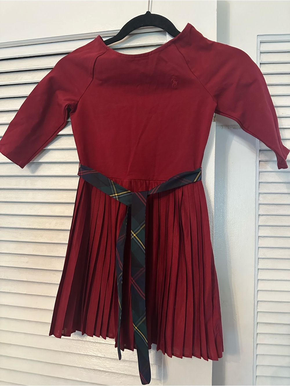 Ralph Lauren Girls' Deep Red Pleated Dress with Tartan Sash